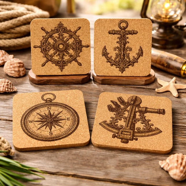 Nautical Maritime Set of 4 Laser Engraved Cork Drink Coasters
