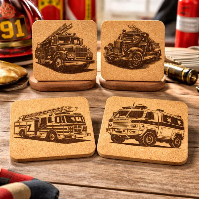 Firefighter Coaster Set of 4 – Laser Engraved Fire Truck Designs on Cork