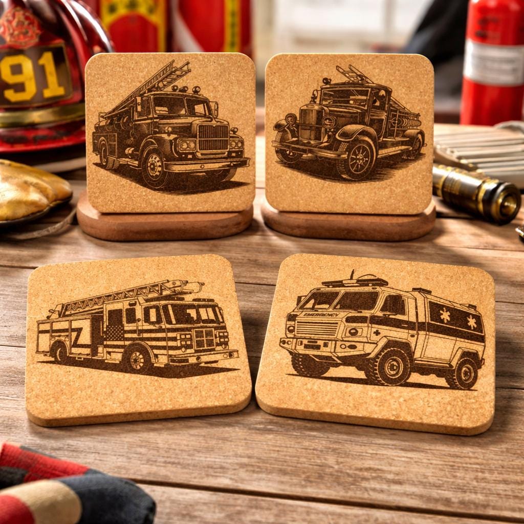 Firefighter Coaster Set of 4 – Laser Engraved Fire Truck Designs on Cork