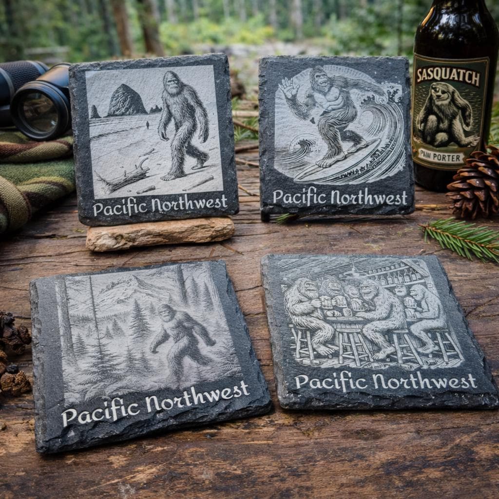 Bigfoot in the Pacific Northwest Laser Engraved Slate Coasters - Set of 4
