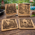 Garden Gnome Coaster Set: Laser Engraved Cork Drink Coasters, Whimsical Art