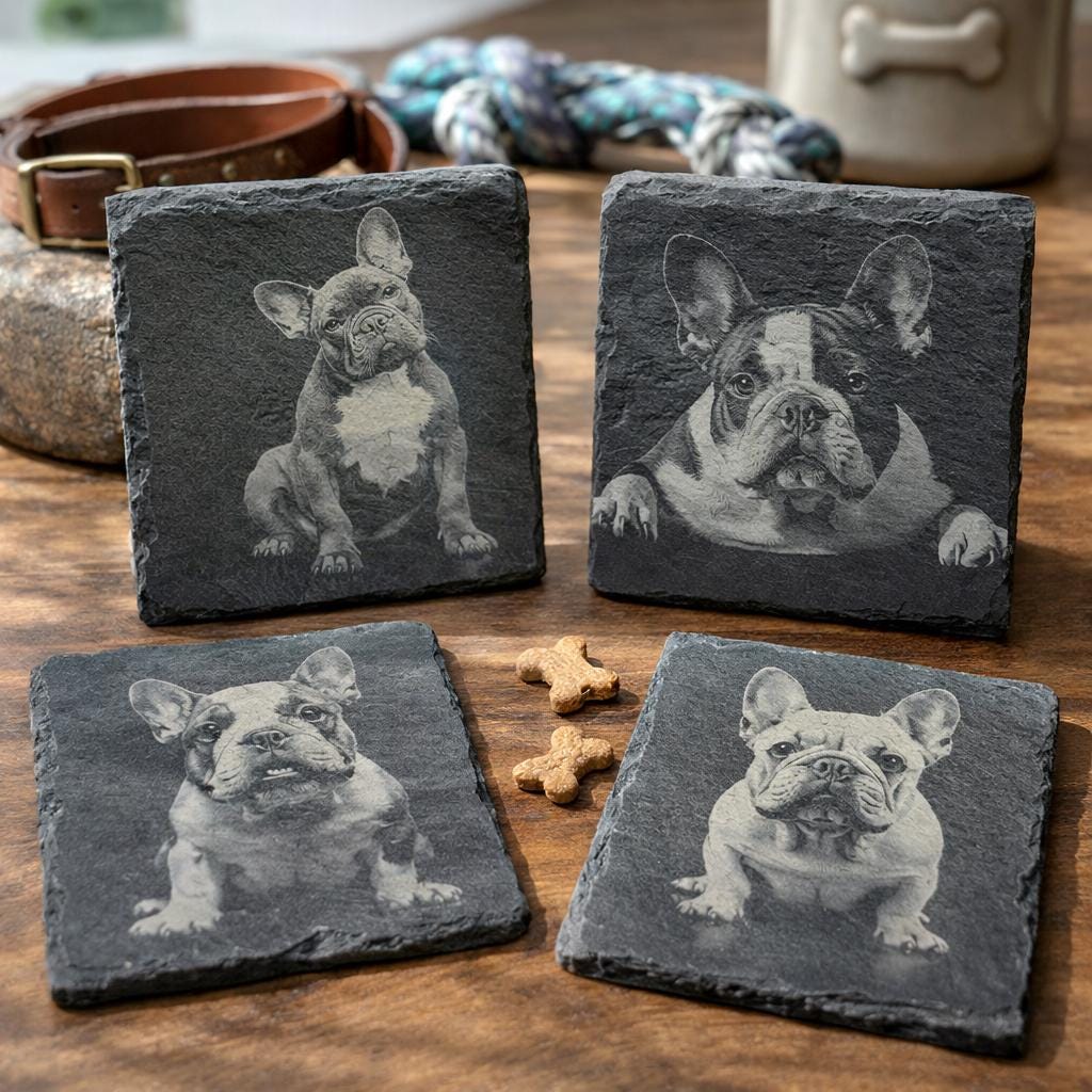 English Bulldog Laser Engraved Slate Coaster Set of 4