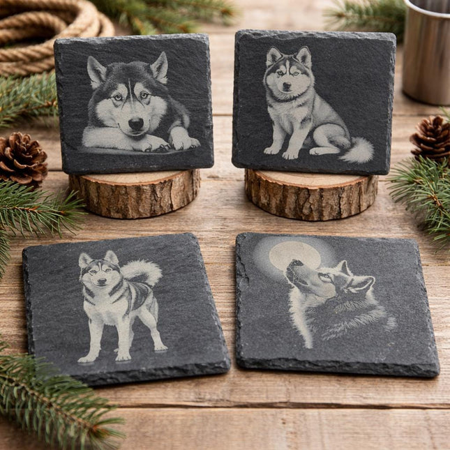 Husky Laser Engraved Slate Coaster Set of 4