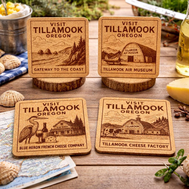 Tillamook Oregon Cork Coaster Set – Vintage Travel Poster Style – 4 Pack