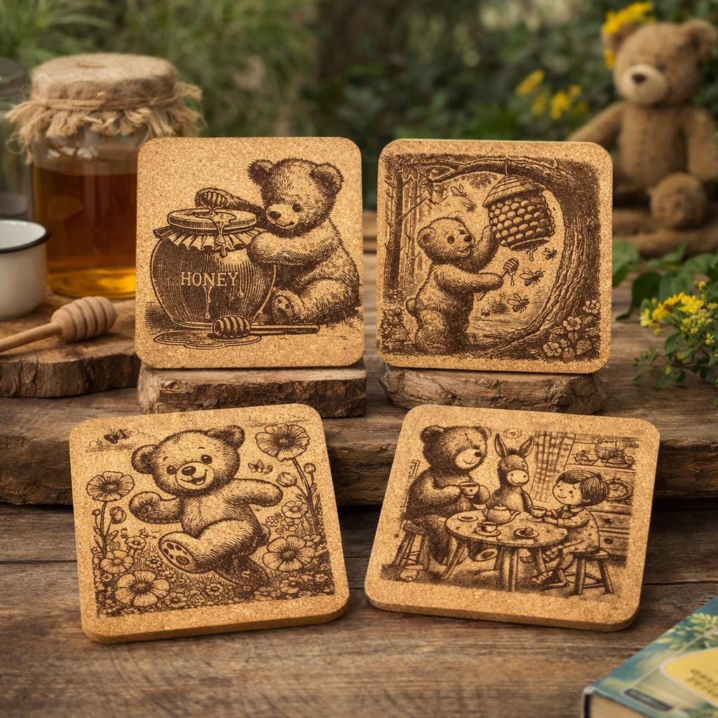 Playful Teddy Bear Laser Engraved Cork Coasters - 8 pictures to choose from
