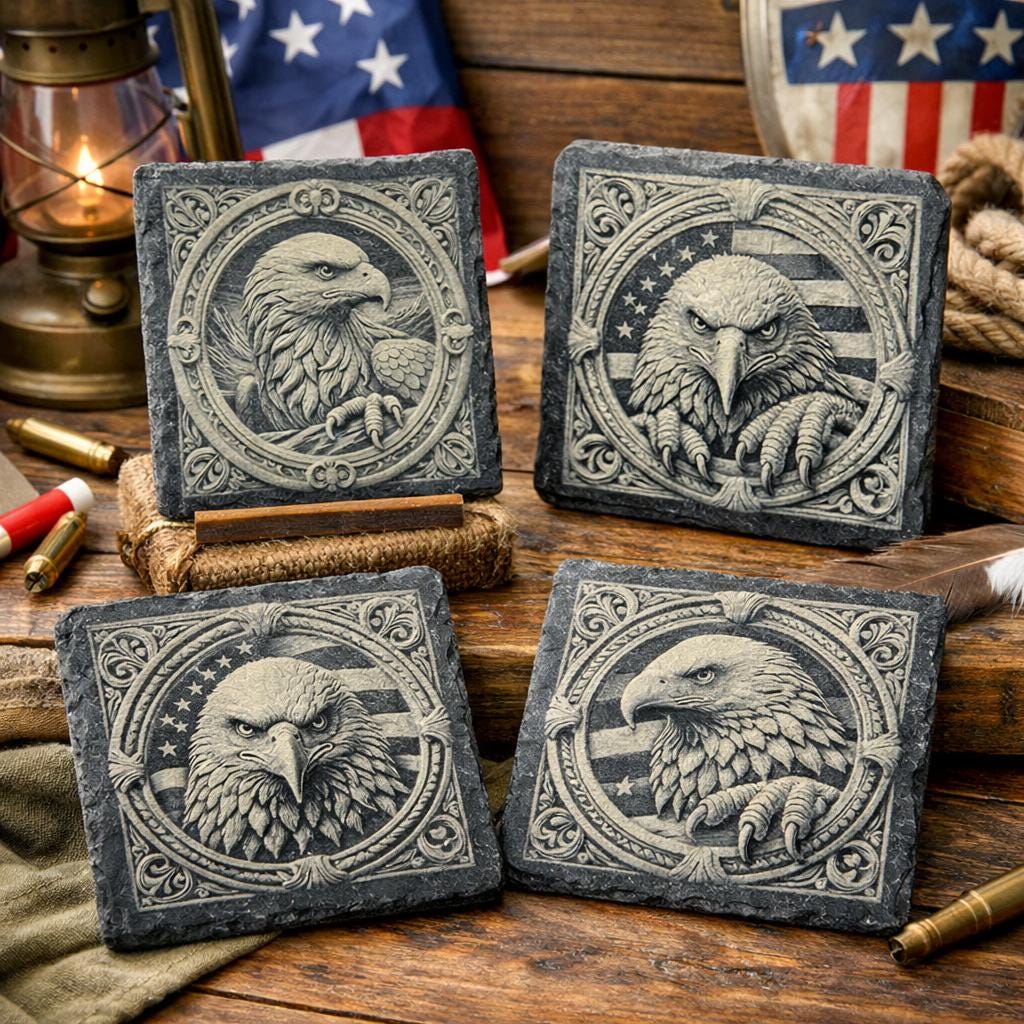 American Eagle Slate Coaster Set of 4 – Laser Engraved Bald Eagle Designs – Patriotic Decor