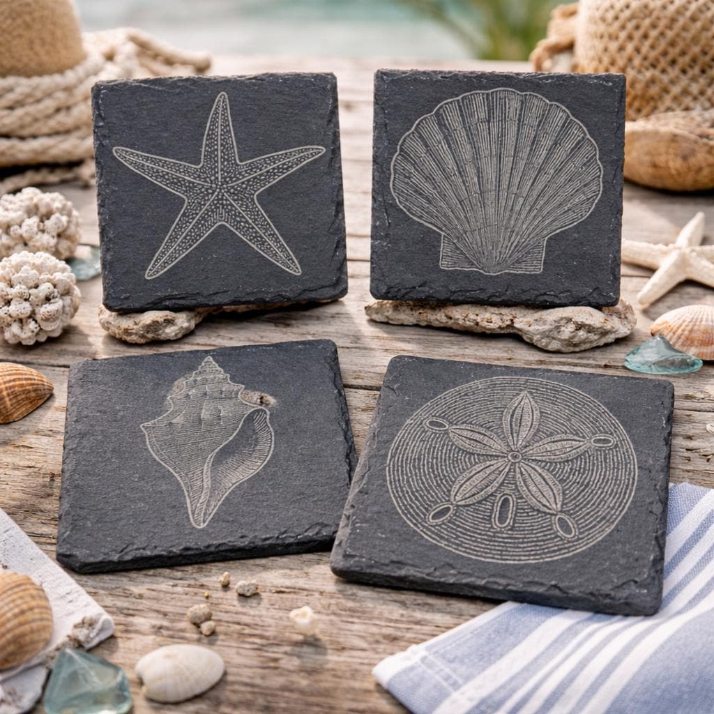 Engraved Slate Seashell Coasters: Nautical Ocean Theme Drinkware
