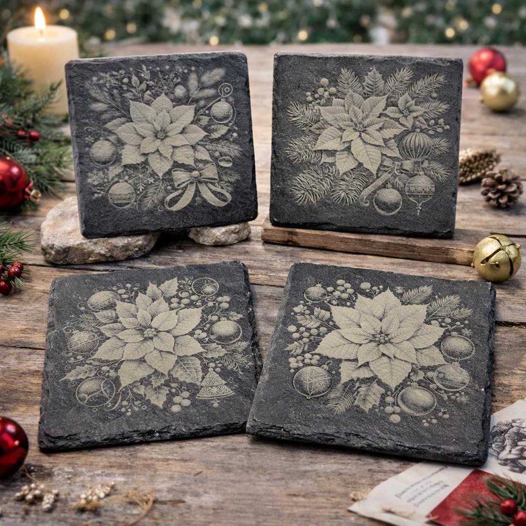 Holiday Poinsettias Laser Engraved Slate Coasters – Christmas Holiday Drinkware