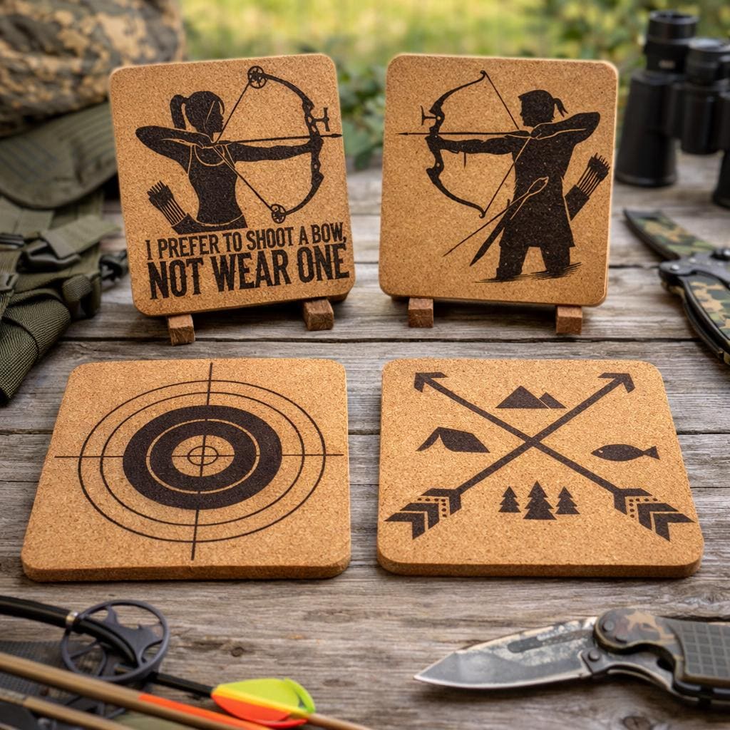 Archery Coaster Set – 4 Engraved Cork Coasters with Bow & Arrow Designs