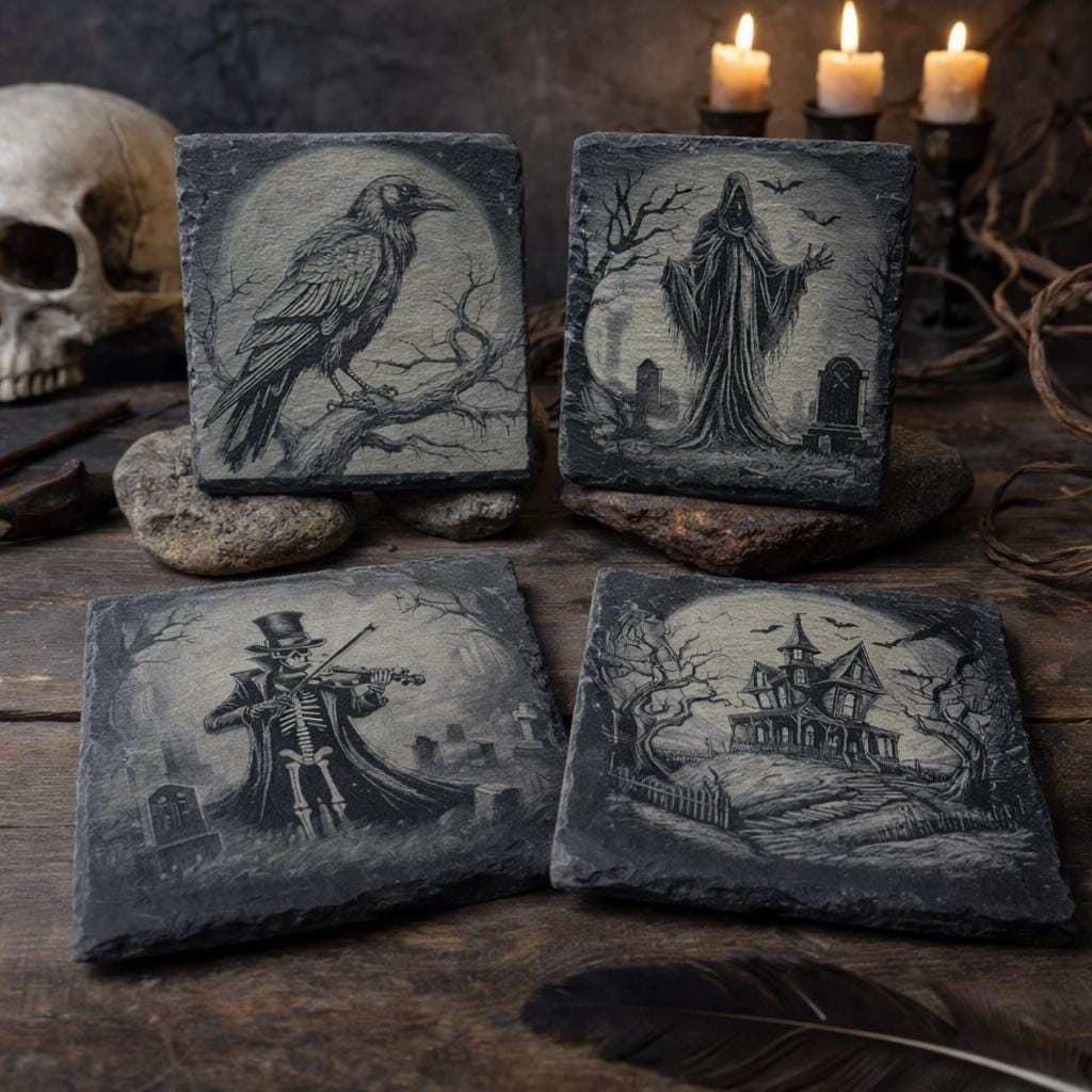 Halloween Slate Coasters – Haunted House, Witch, Skeleton, Cat, Raven & More – Choose Any 4