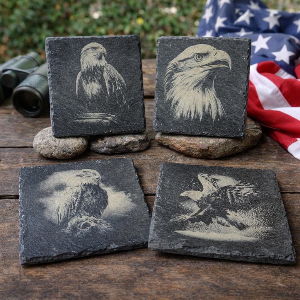 Bald Eagle Laser Engraved Slate Coasters – Patriotic Wildlife Drinkware