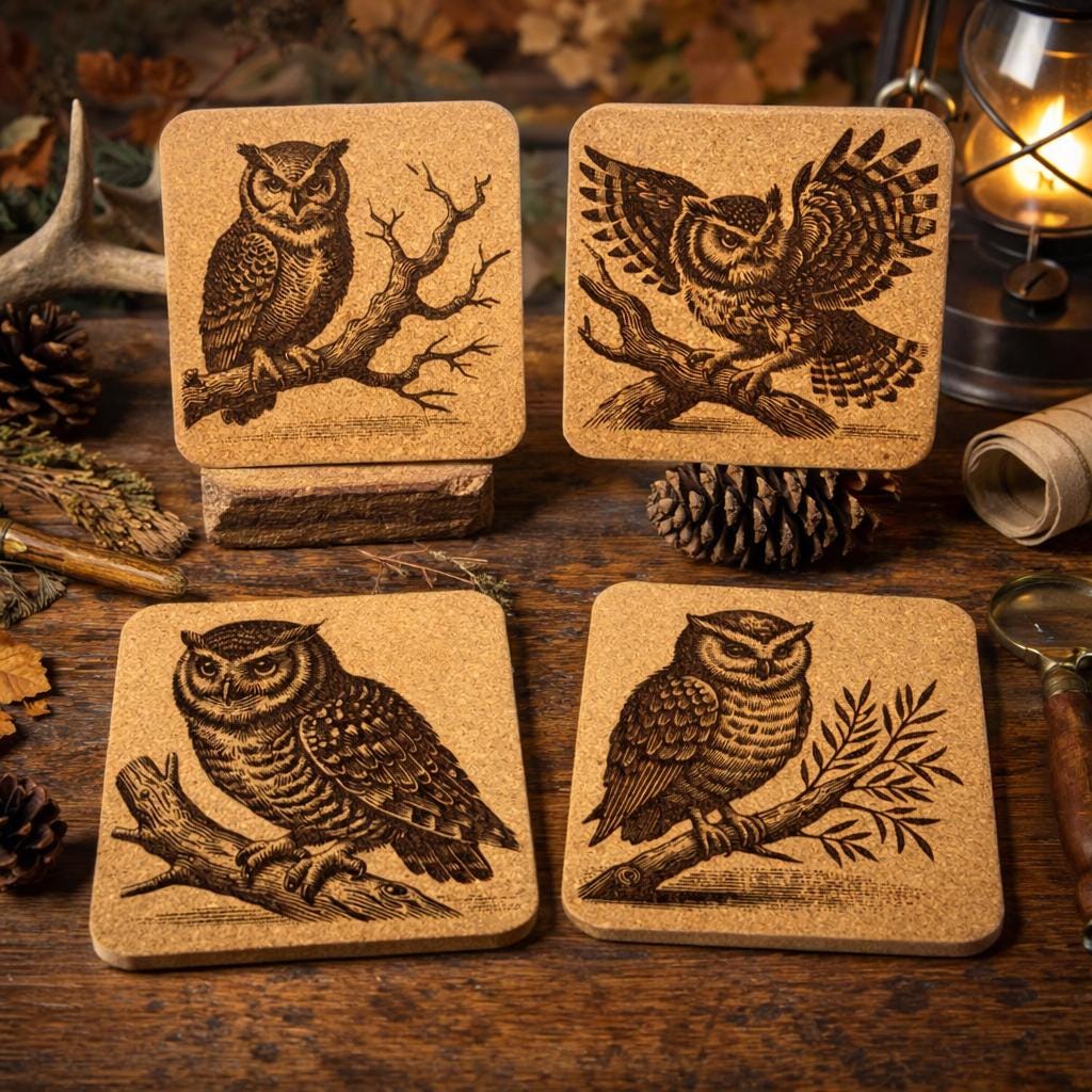 Laser Engraved Owl Cork Coaster Set: Woodland Home Decor