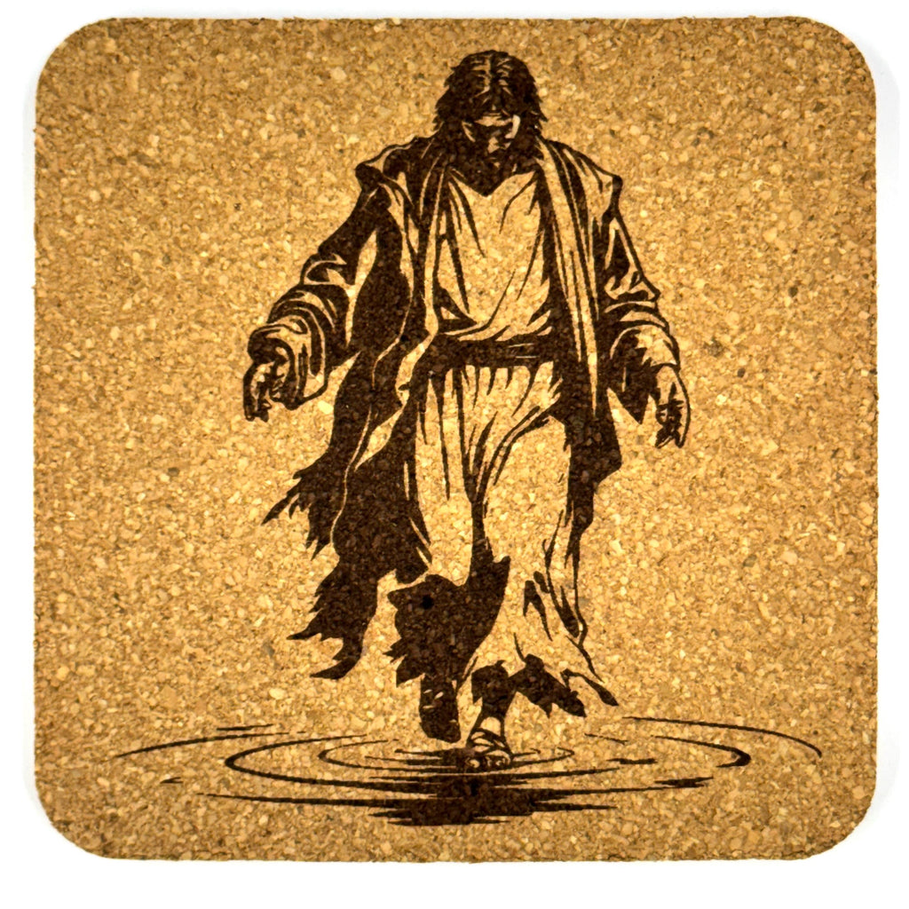 Jesus Cork Coaster Set of 4 – Crown of Thorns, Walking on Water, The Good Shepherd & Prayer – Christian Gift – Faith Home Decor