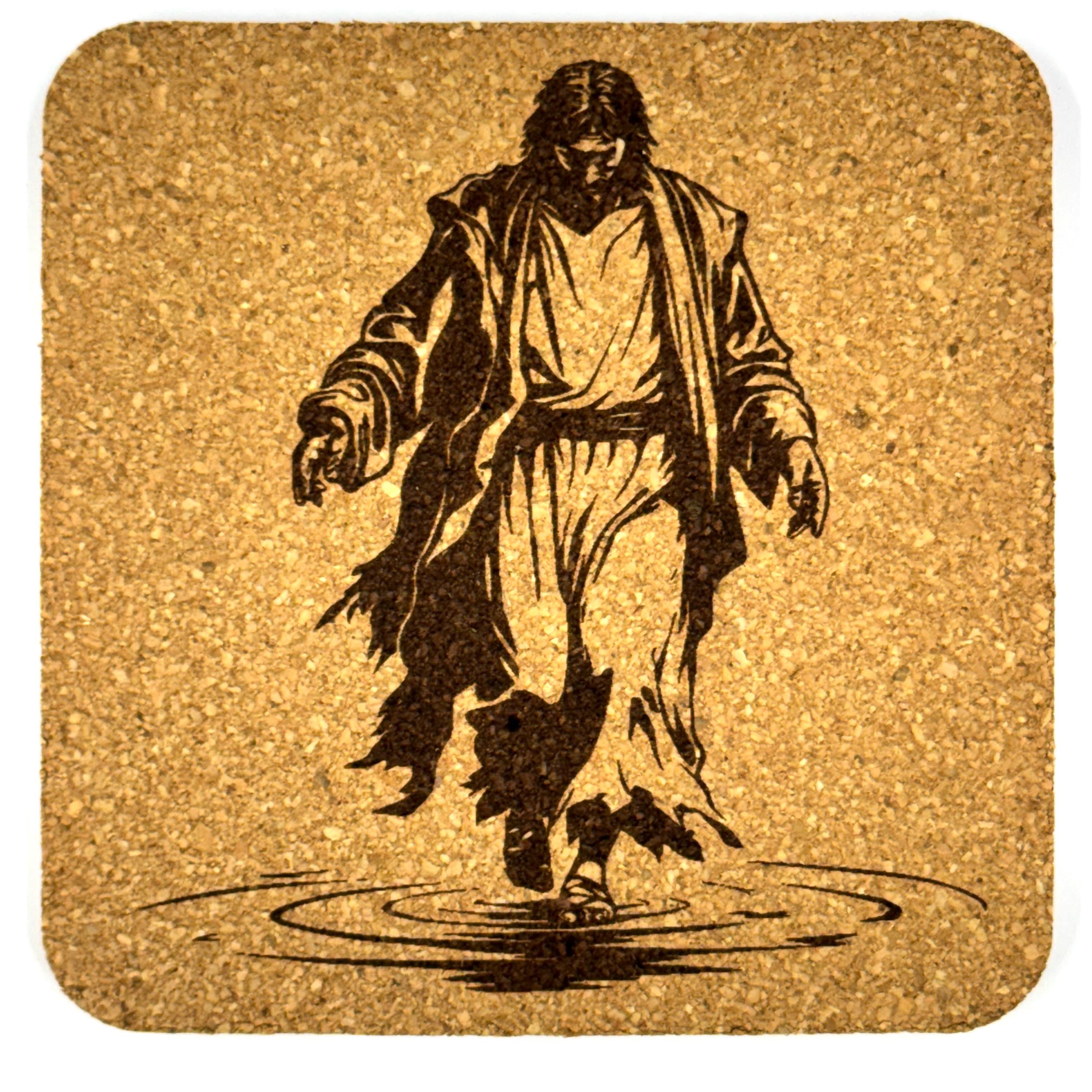 Jesus Cork Coaster Set of 4 – Crown of Thorns, Walking on Water, The Good Shepherd & Prayer – Christian Gift – Faith Home Decor