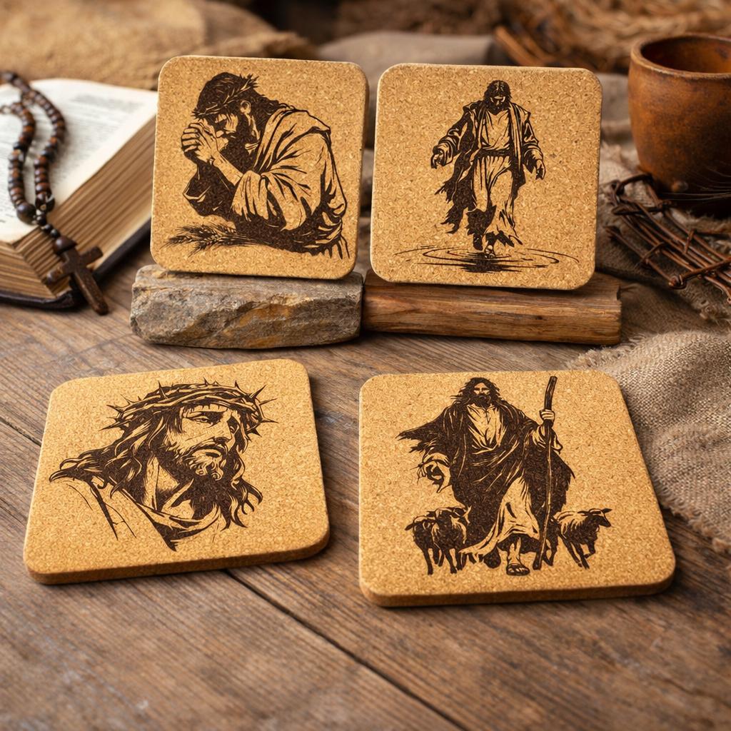 Jesus Cork Coaster Set of 4 – Crown of Thorns, Walking on Water, The Good Shepherd & Prayer – Christian Gift – Faith Home Decor