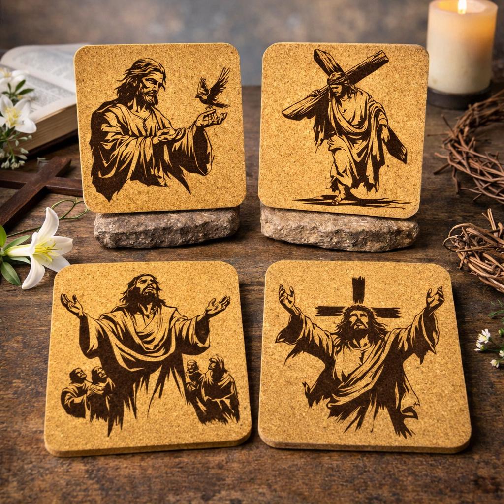 Jesus Faith Cork Coaster Set – Christian Art – Set of 4