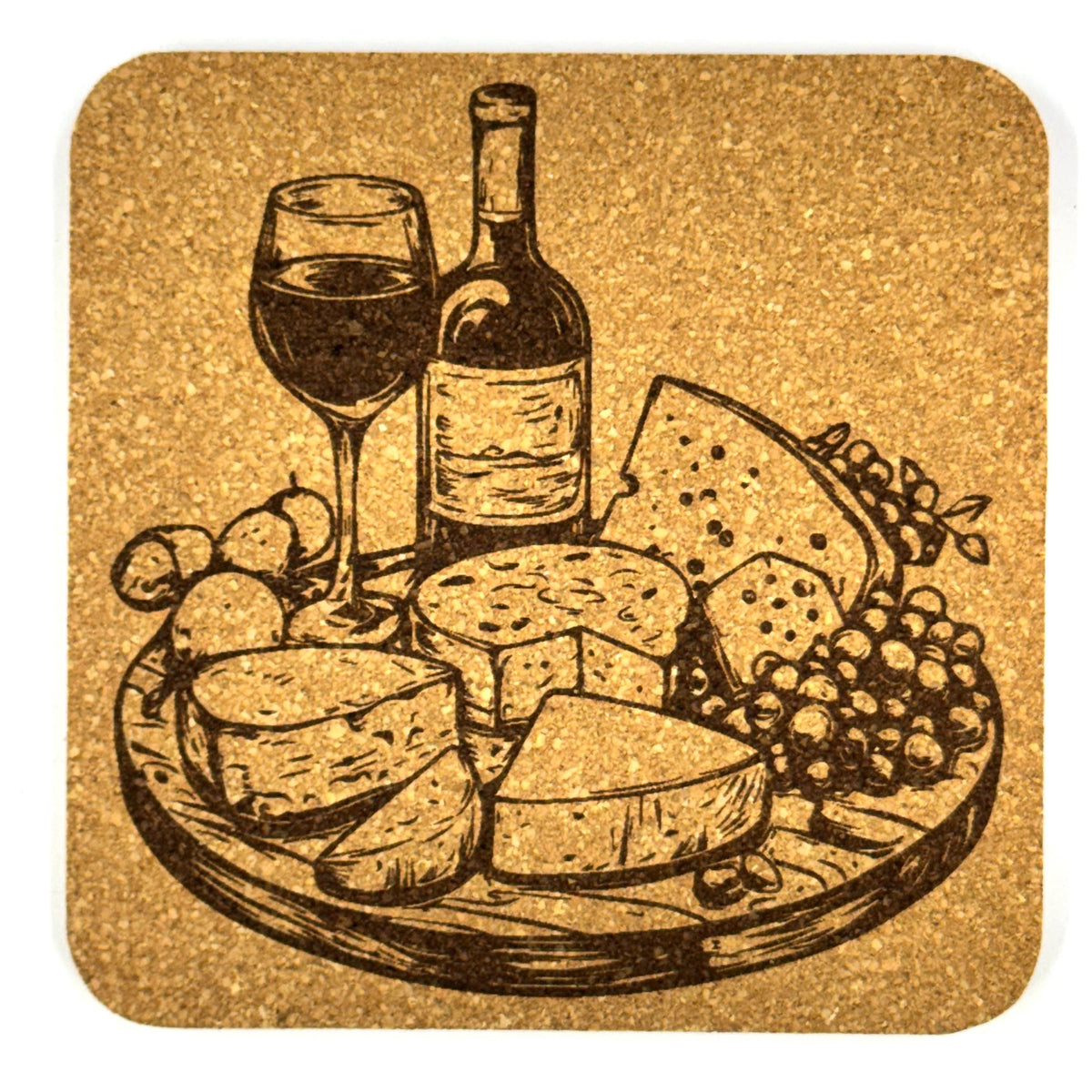 Wine & Cheese Cork Coaster Set – Rustic Bar Decor – Set of 4