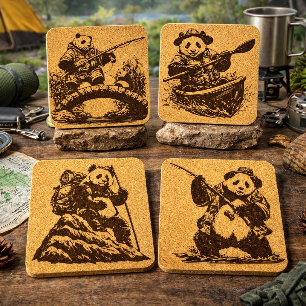 Adventure Panda Cork Coaster Set – Outdoor Fun – Set of 4