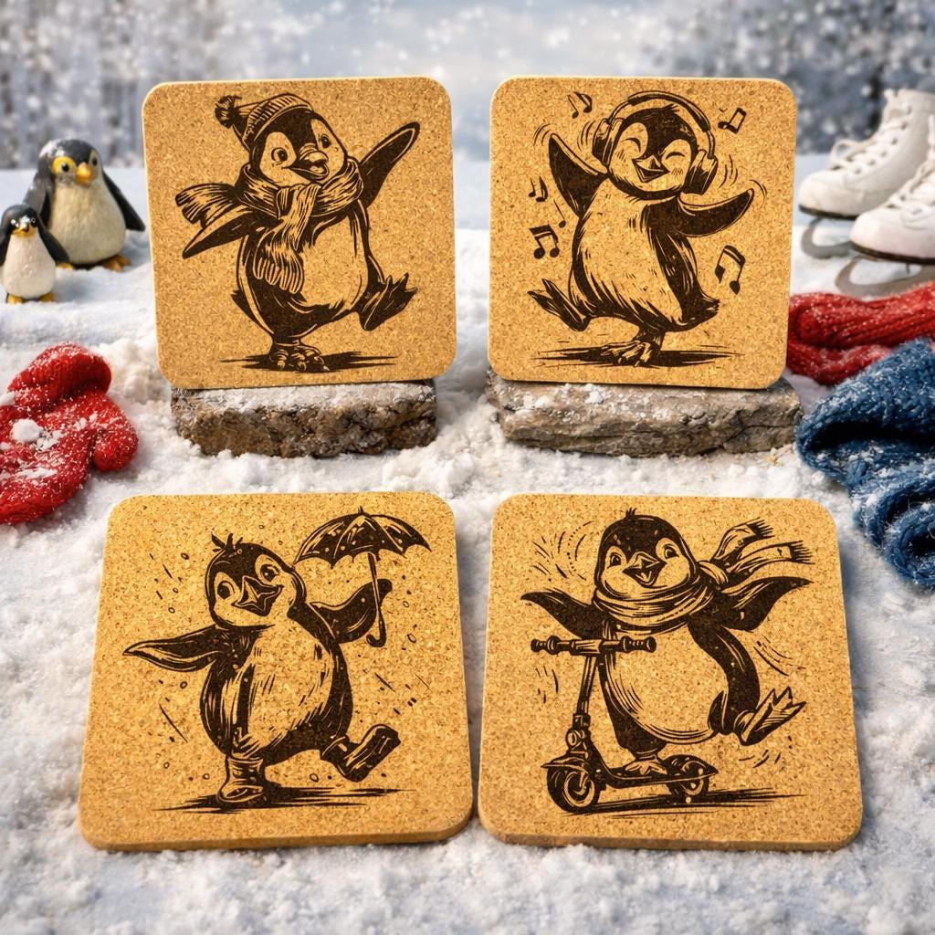 Playful Penguin Cork Coaster Set – Cute Winter Decor – Set of 4
