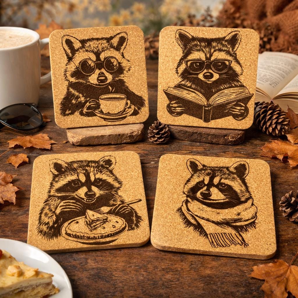 Cozy Raccoon Cork Coaster Set – Cute Animal Decor – Set of 4