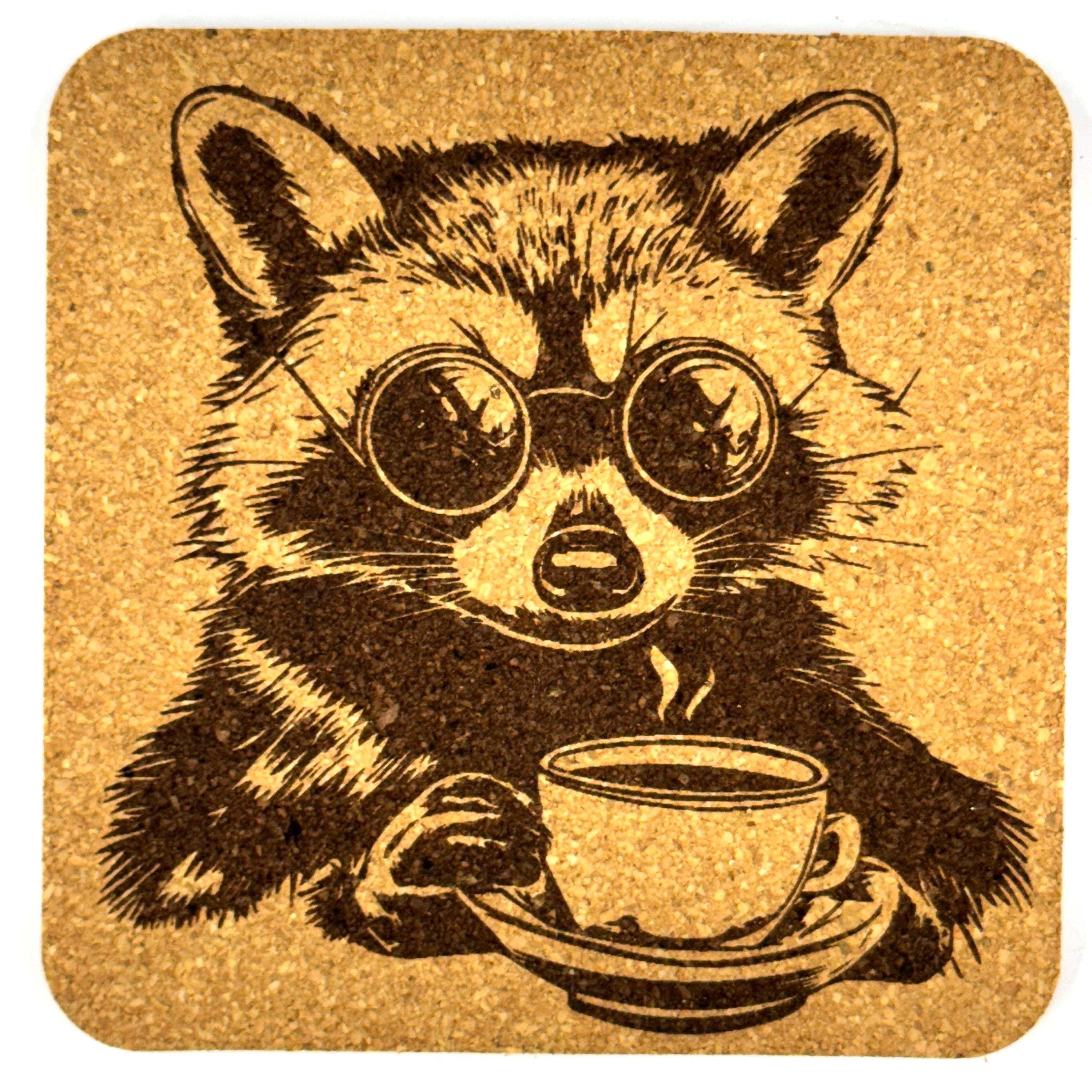 Cozy Raccoon Cork Coaster Set – Cute Animal Decor – Set of 4