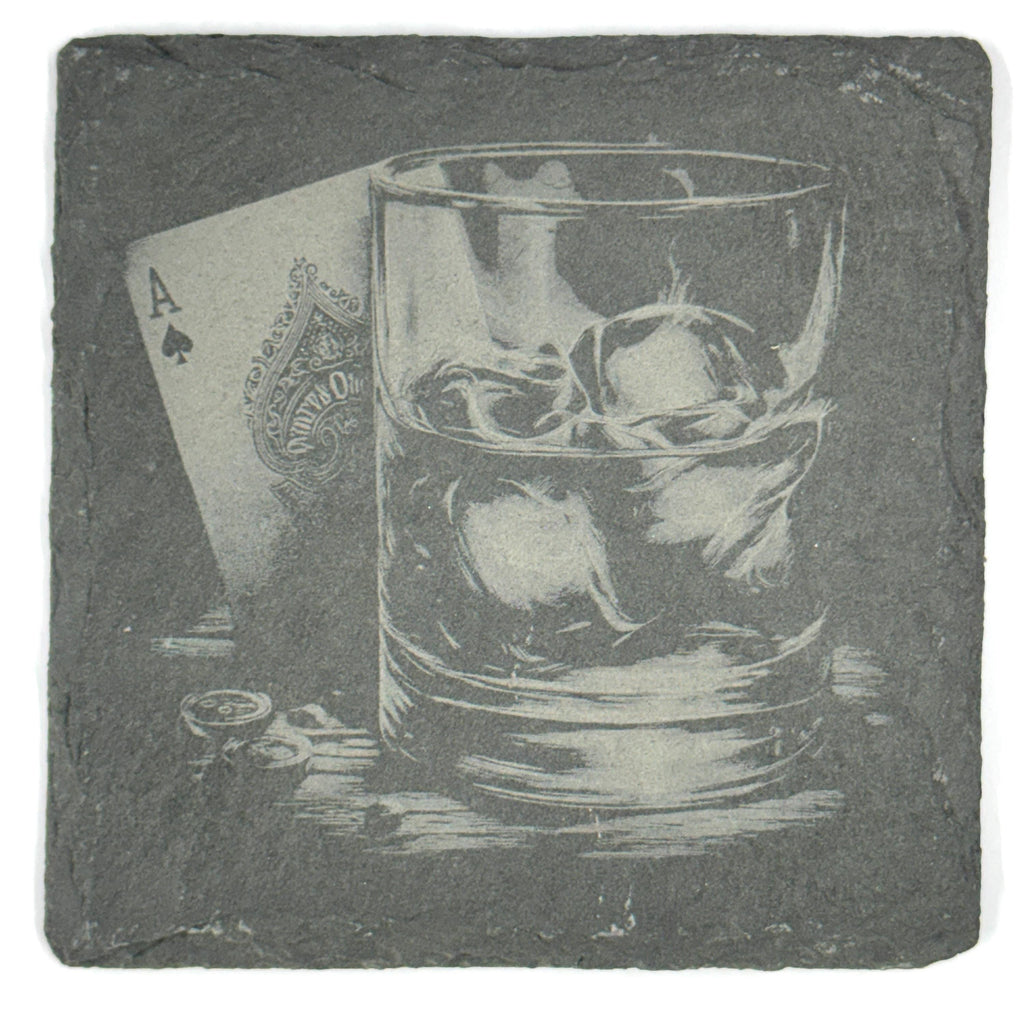 Whiskey Slate Coasters Set – Bourbon Scotch Cocktail Bar Drinkware Poker Cards Cigar Flames
