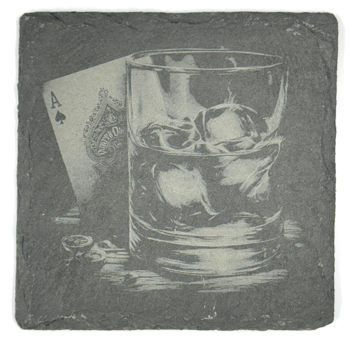 Whiskey Slate Coasters Set – Bourbon Scotch Cocktail Bar Drinkware Poker Cards Cigar Flames