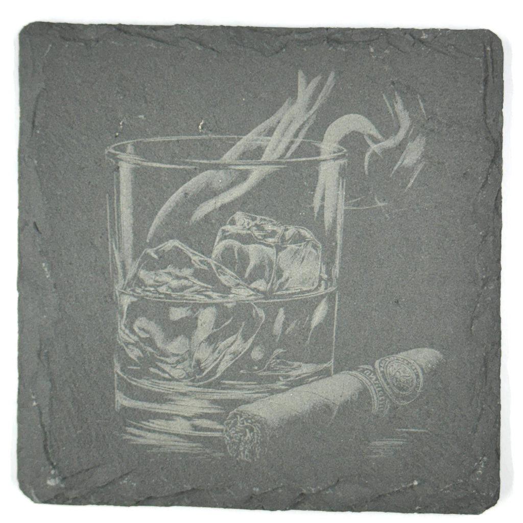 Whiskey Slate Coasters Set – Bourbon Scotch Cocktail Bar Drinkware Poker Cards Cigar Flames