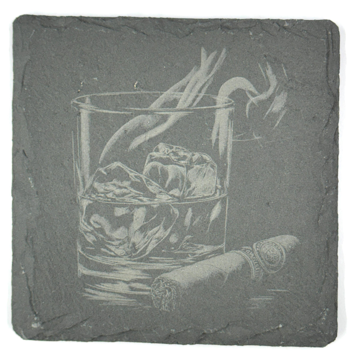 Whiskey Slate Coasters Set – Bourbon Scotch Cocktail Bar Drinkware Poker Cards Cigar Flames