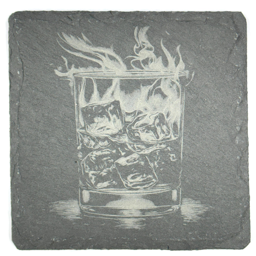 Whiskey Slate Coasters Set – Bourbon Scotch Cocktail Bar Drinkware Poker Cards Cigar Flames