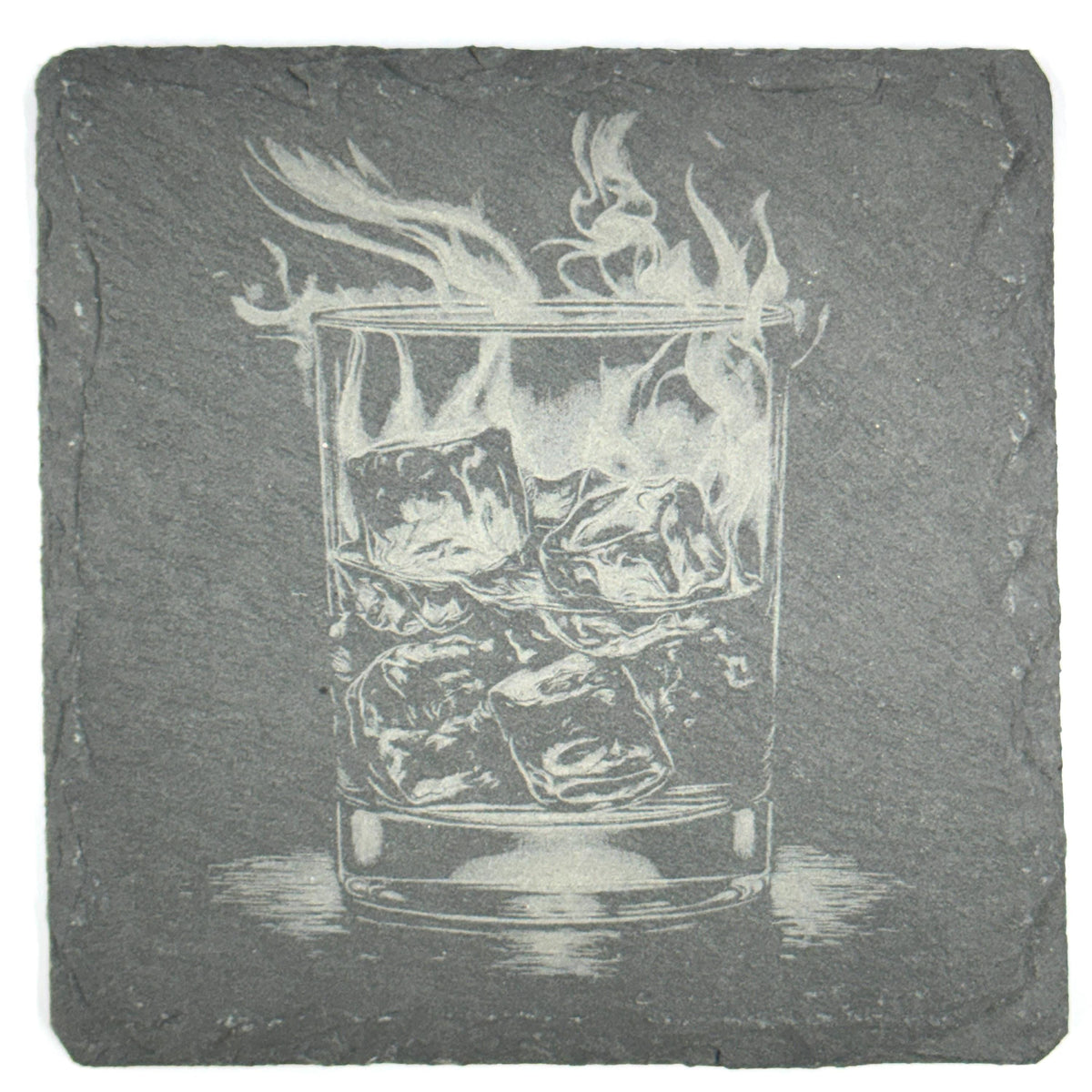 Whiskey Slate Coasters Set – Bourbon Scotch Cocktail Bar Drinkware Poker Cards Cigar Flames