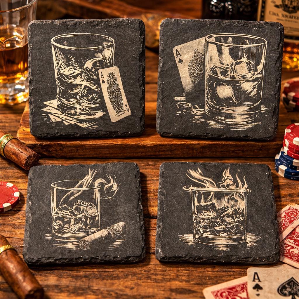 Whiskey Slate Coasters Set – Bourbon Scotch Cocktail Bar Drinkware Poker Cards Cigar Flames