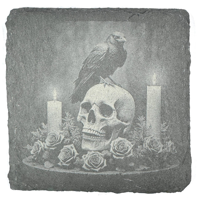 Gothic Raven Skull Slate Coasters Set – Dark Academia Halloween Candle Gothic Decor