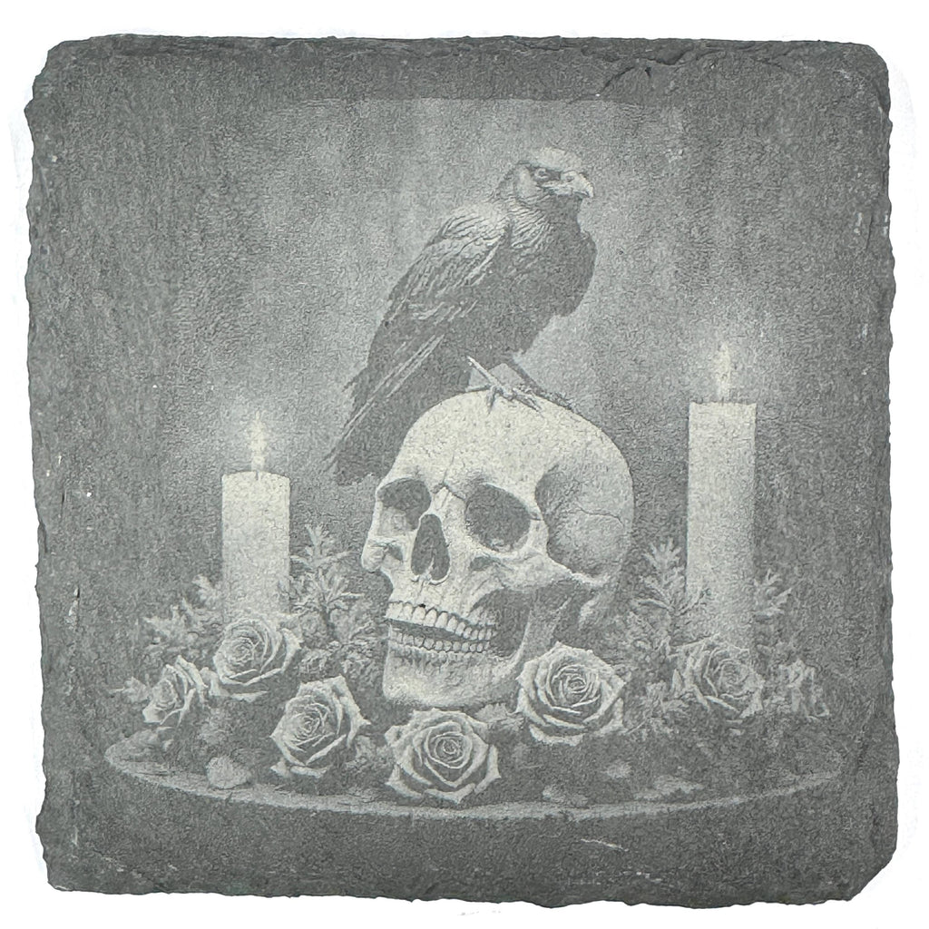 Gothic Raven Skull Slate Coasters Set – Dark Academia Halloween Candle Gothic Decor