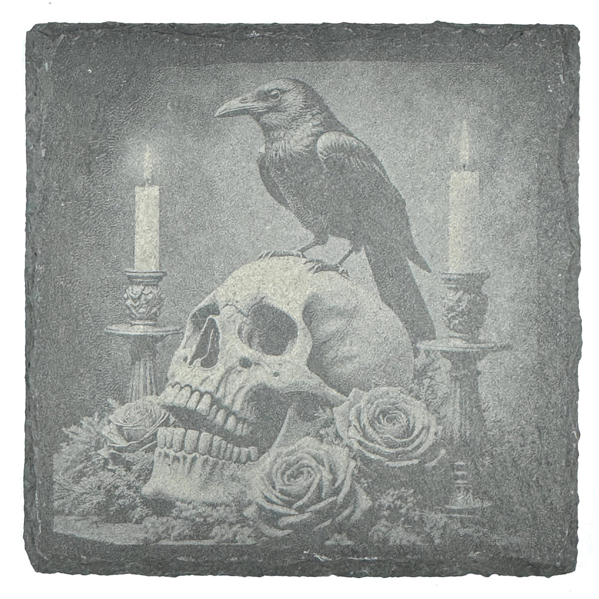 Gothic Raven Skull Slate Coasters Set – Dark Academia Halloween Candle Gothic Decor