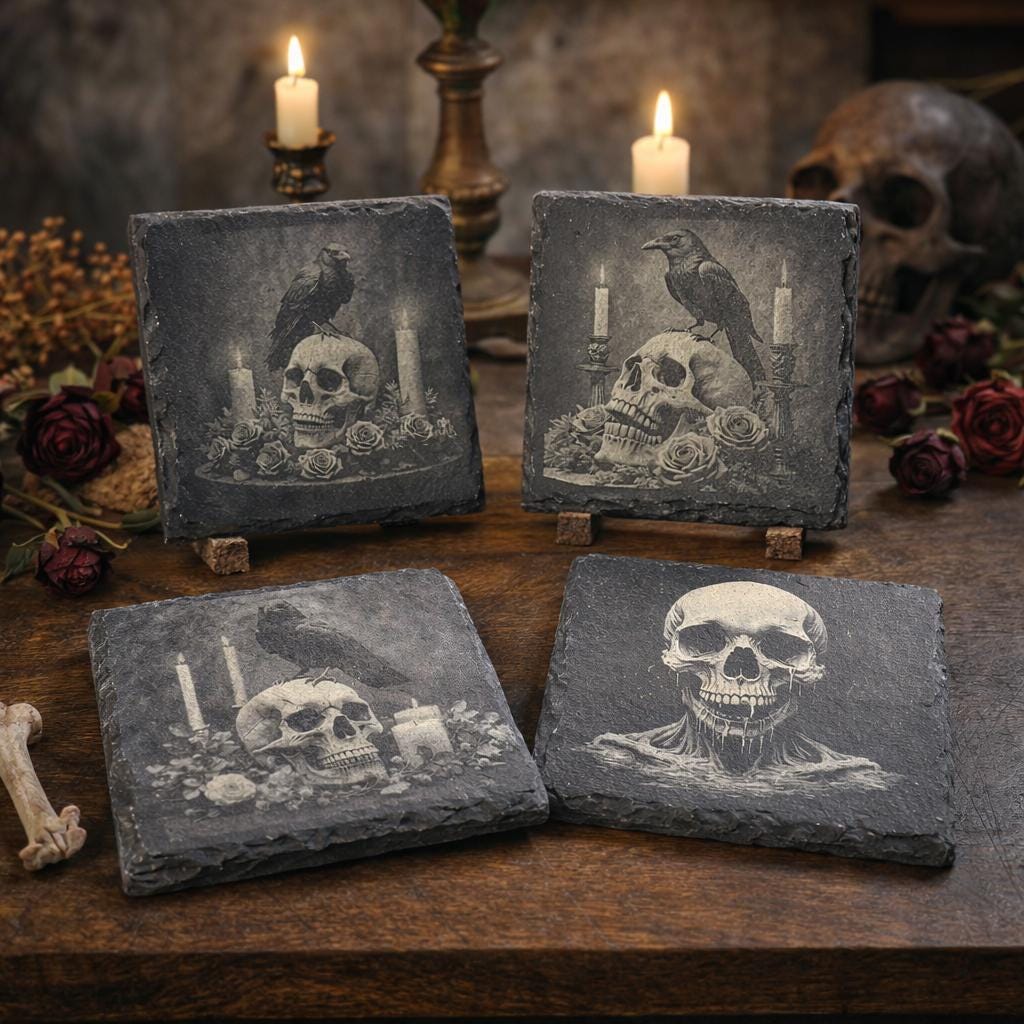 Gothic Raven Skull Slate Coasters Set – Dark Academia Halloween Candle Gothic Decor