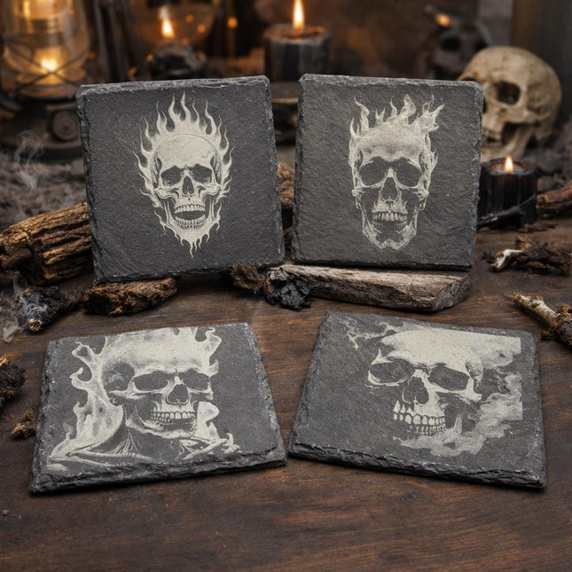 Flaming Skull Slate Coasters Set – Gothic Fire Skeleton Halloween Bar Decor