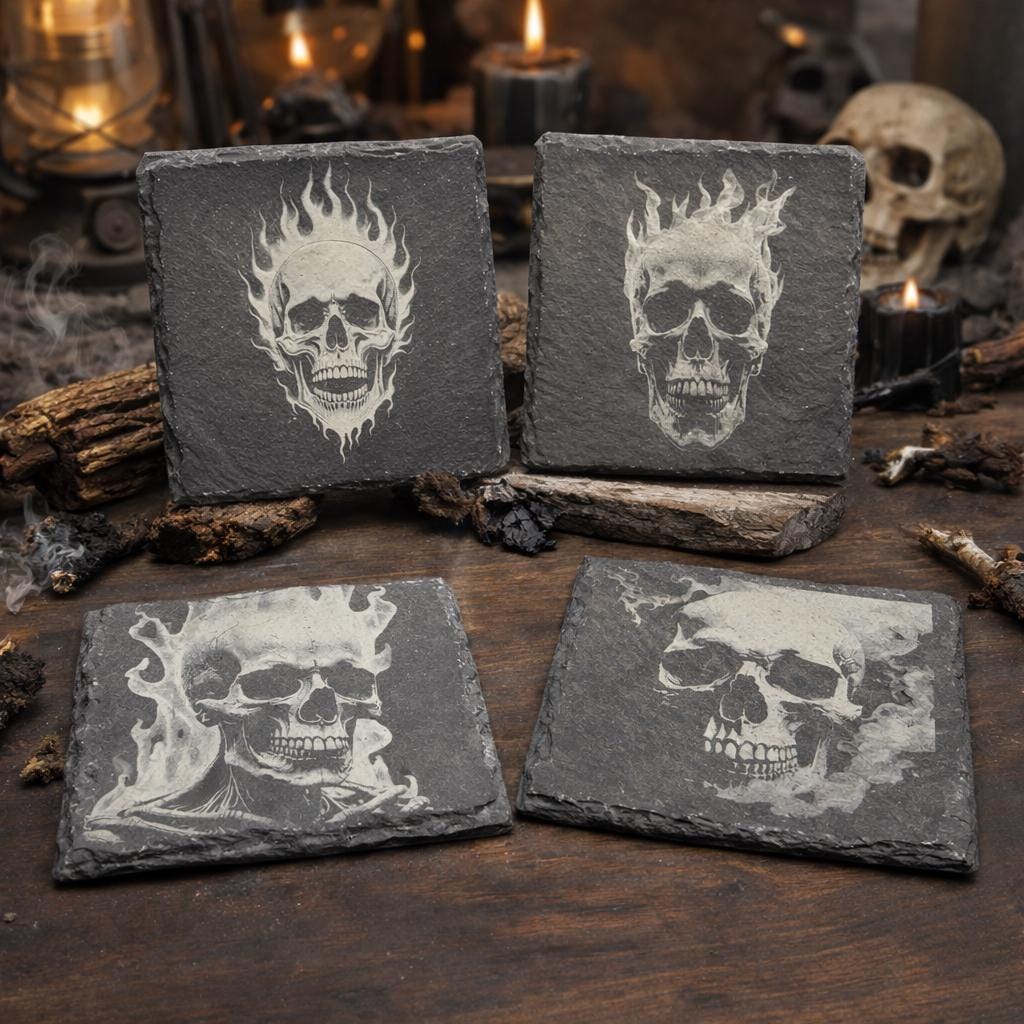 Flaming Skull Slate Coasters Set – Gothic Fire Skeleton Halloween Bar Decor