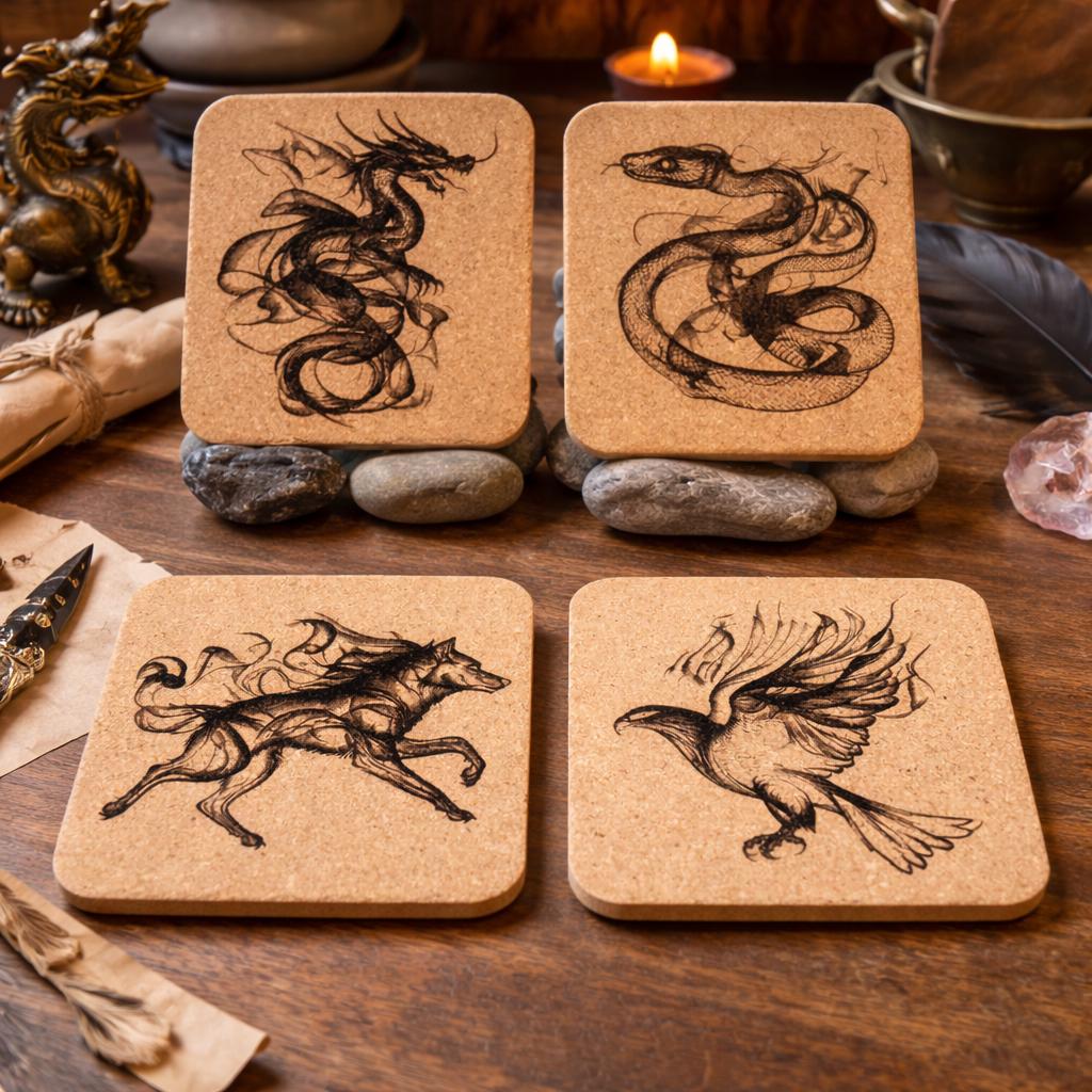 Laser Engraved Cork Coasters - Mystical Smoke Animal Design - Set of 4