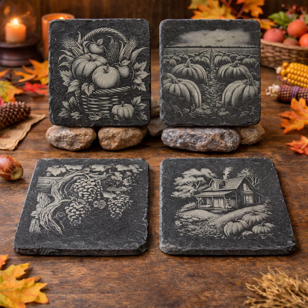 Fall Harvest Set of 4 Slate Coasters - Rustic Farmhouse Table Decor