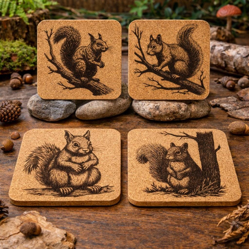 Squirrel Cork Coasters – Rustic Woodland Animal Drink Coaster Set of 4
