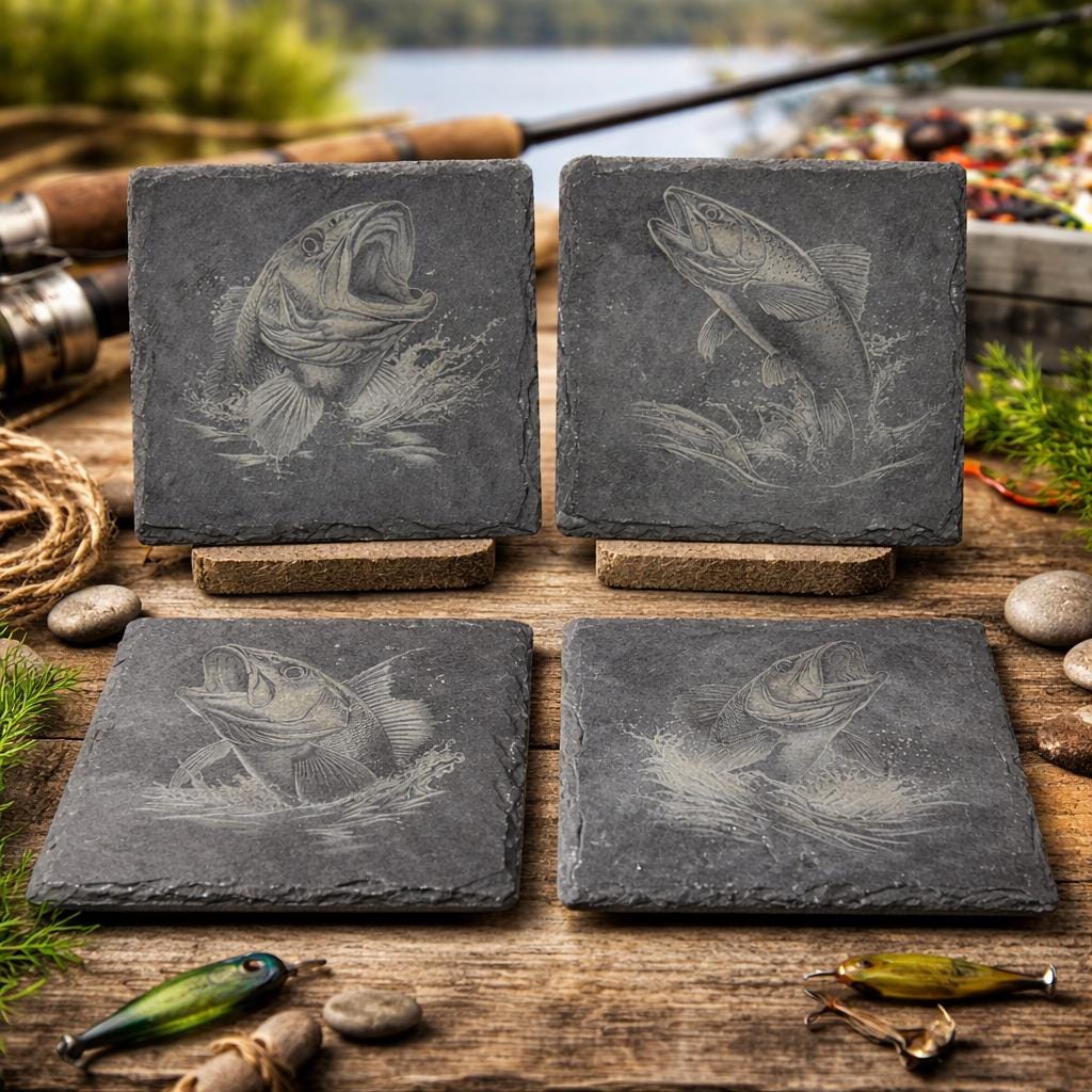 Laser Engraved Fishing Slate Coasters: Bass & Trout Designs - Set of 4