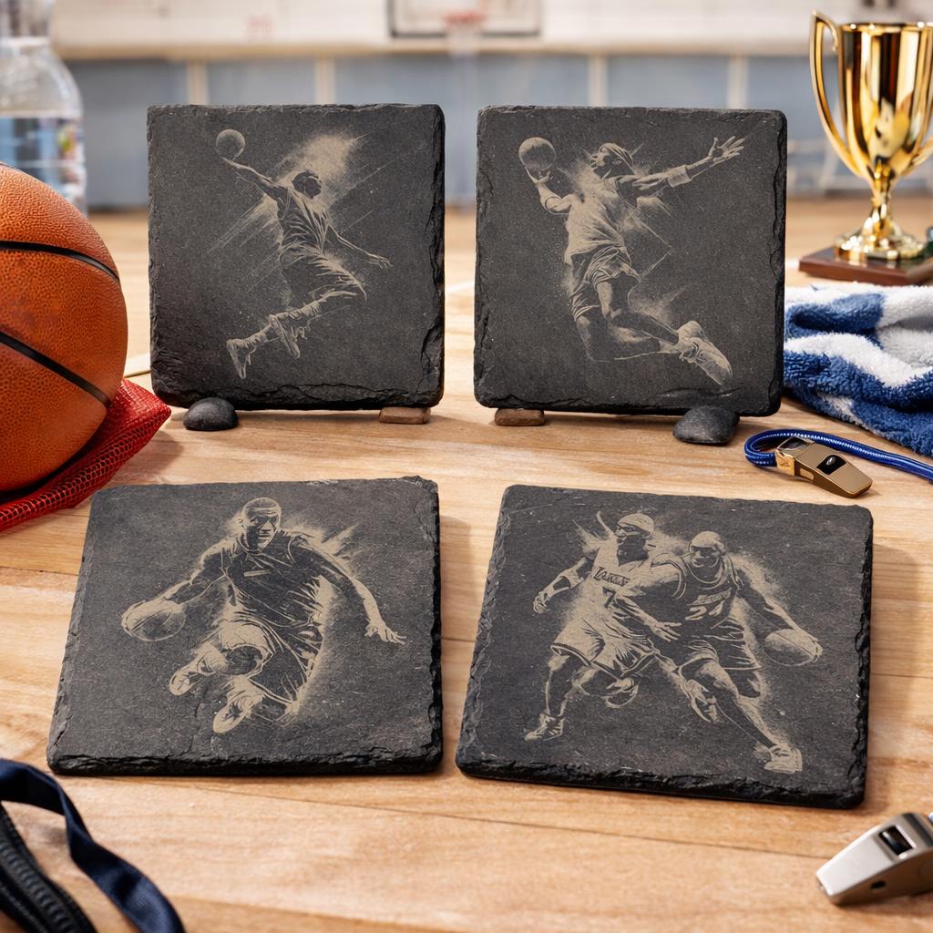 Basketball Slate Coaster Set – Engraved Action Player Designs (4 Pack)