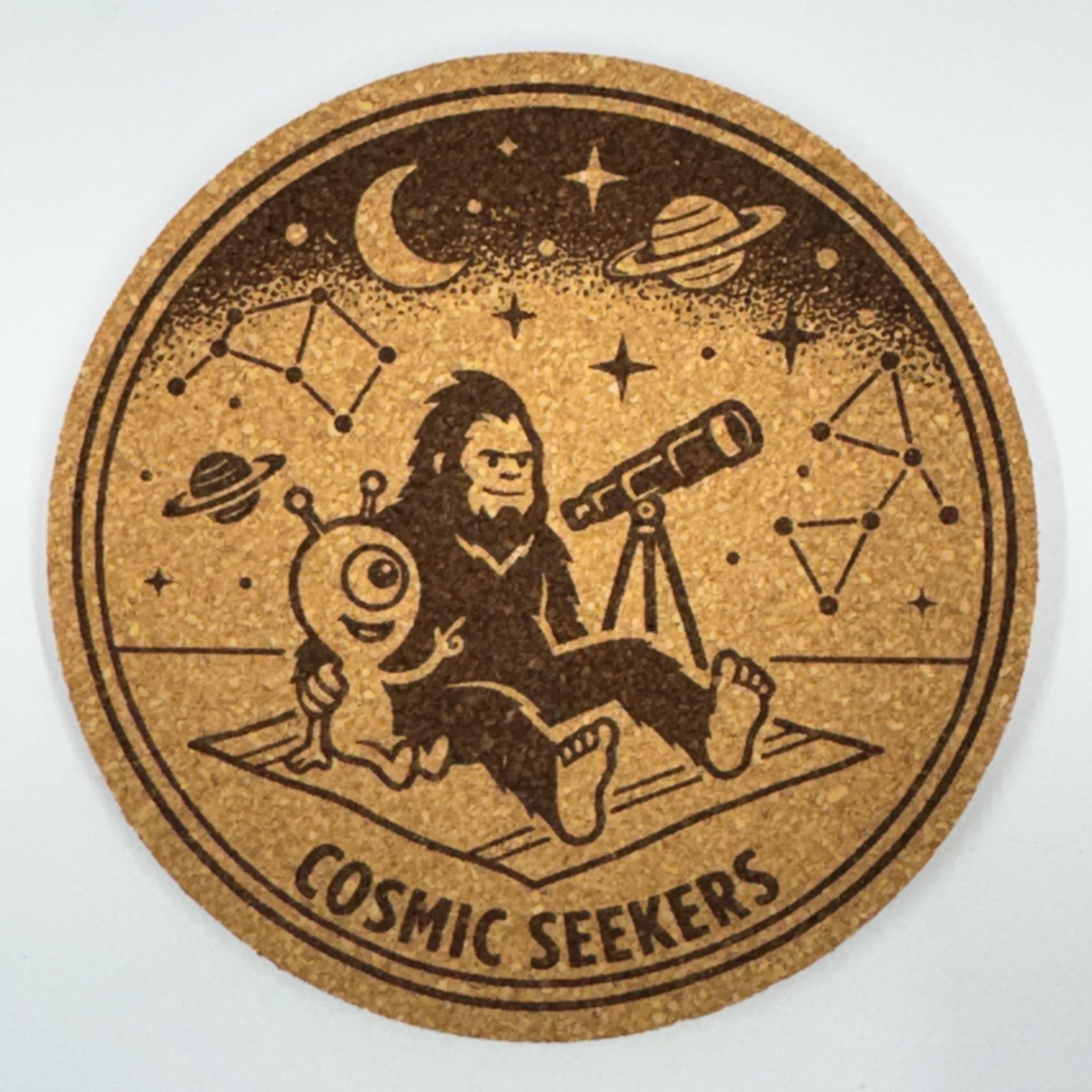 Bigfoot and Alien Coaster Set – Funny Camping, BBQ, Space Adventure Designs