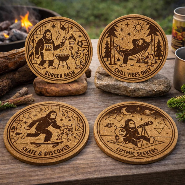 Bigfoot and Alien Coaster Set – Funny Camping, BBQ, Space Adventure Designs