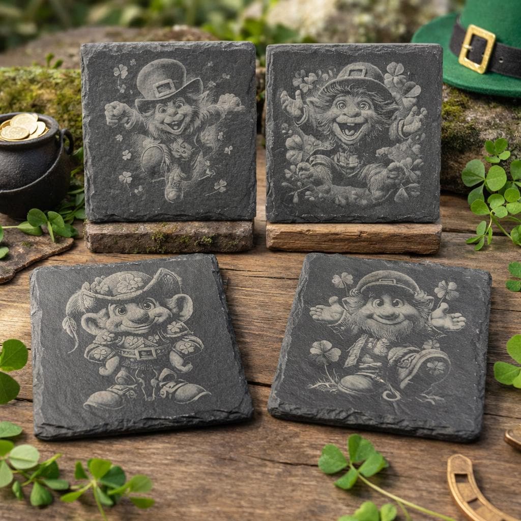 Happy Leprechaun Slate Coasters Set – St. Patrick’s Day Decor – Cute Irish Drink Coasters (4 Pack)