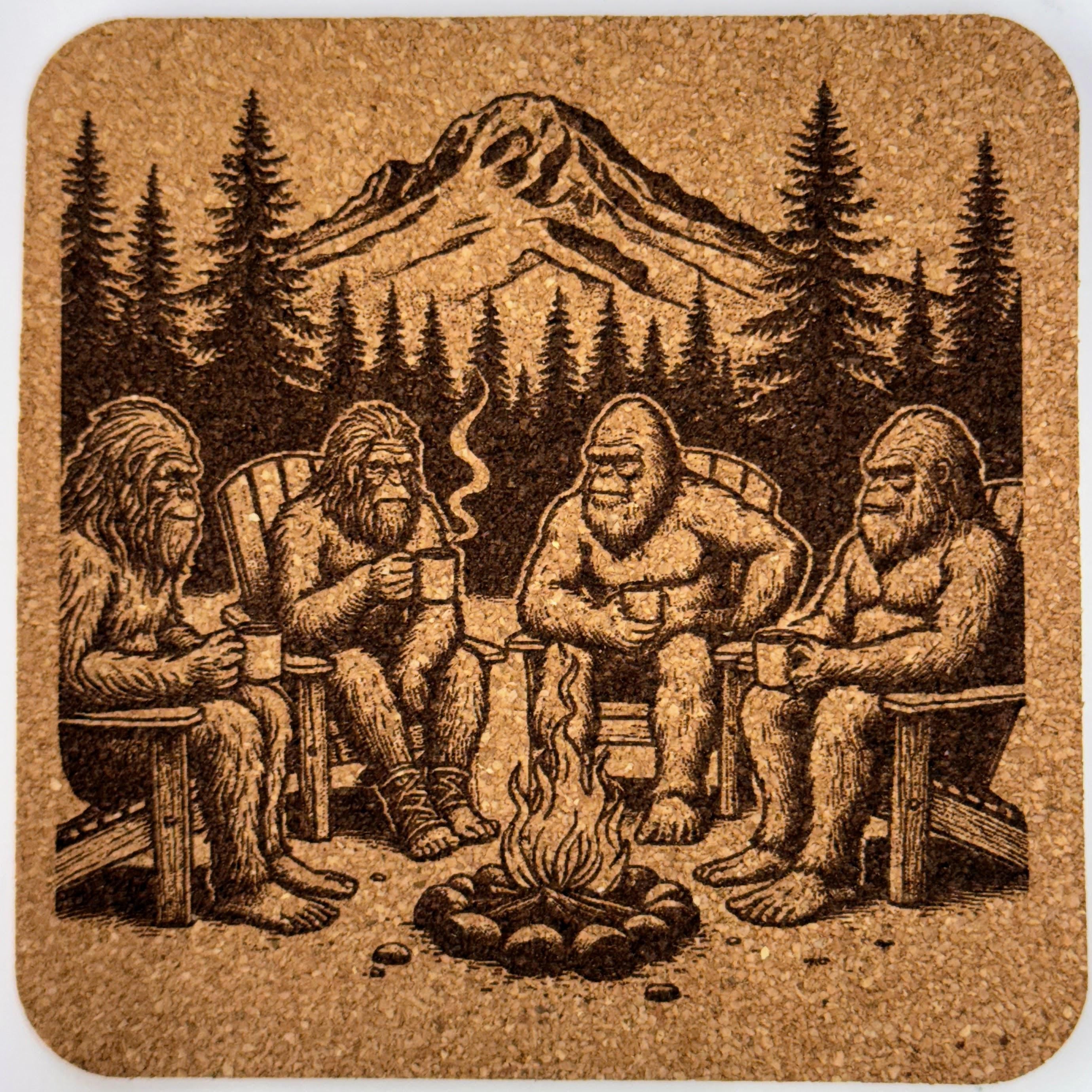 Funny Bigfoot Cork Coaster Set – Sasquatch Bar, Campfire, UFO & Unicycle