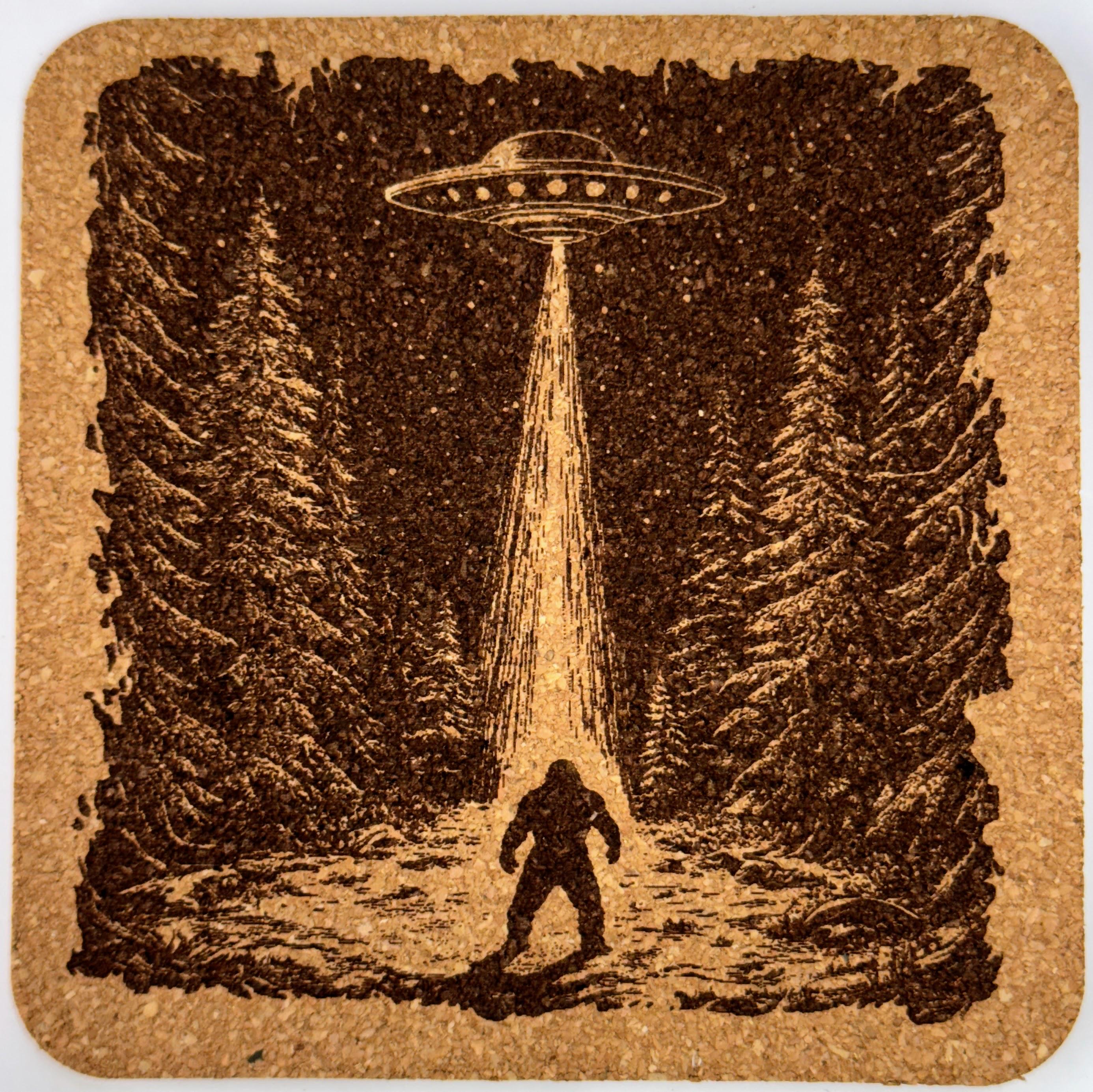 Funny Bigfoot Cork Coaster Set – Sasquatch Bar, Campfire, UFO & Unicycle
