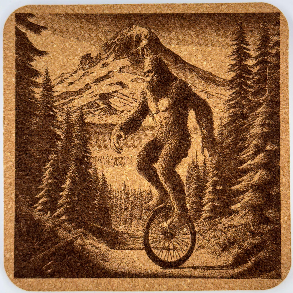 Funny Bigfoot Cork Coaster Set – Sasquatch Bar, Campfire, UFO & Unicycle