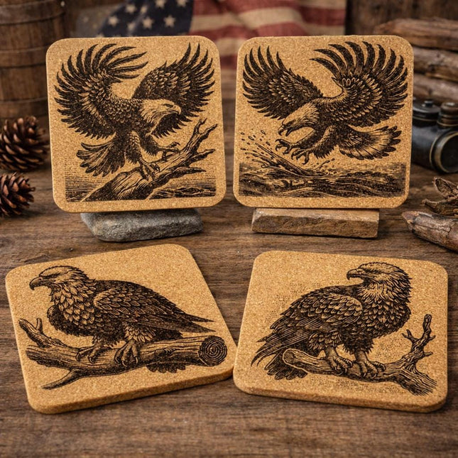 Laser Engraved Bald Eagle Cork Coaster Set - Majestic Bird Drink Coasters